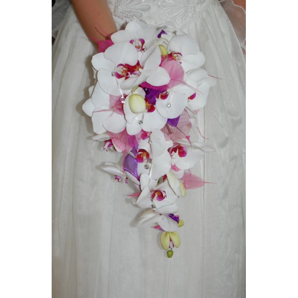 Cascading wedding bouquet of orchids